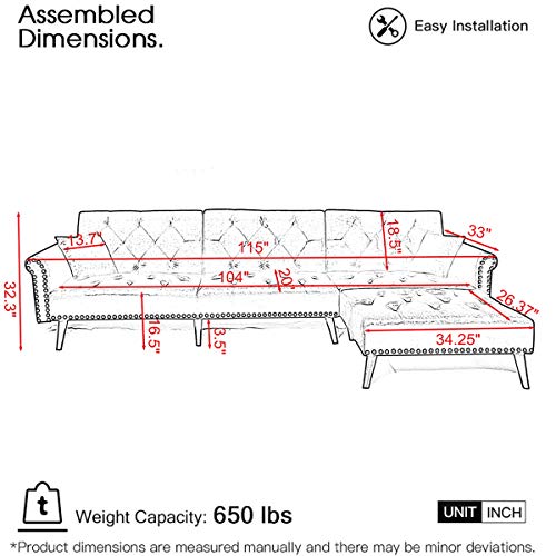 SSLine Sectional Sofa Couch, Modern Velvet L-Shaped Sectional Sofa Set Reversible Sofa Bed Chaise Lounge with Ottoman 3-Piece Sofa Set for Living Room Furniture Set, Upholstery