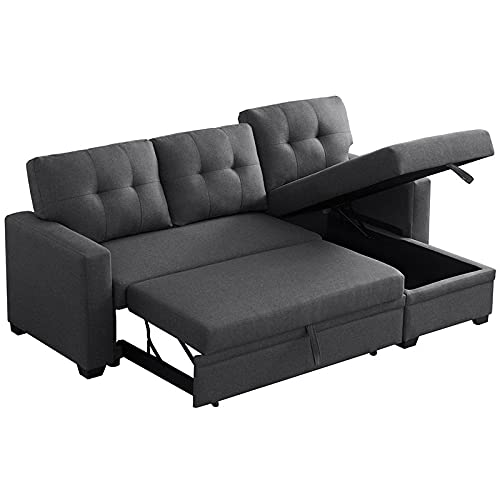 Pemberly Row Contemporary Fabric Reversible Sleeper Sectional Sofa in Dark Gray
