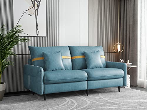 Mid Century Loveseat Sofa with Throw Pillow, Leather-Like Fabric Modern Sofa Couch Solid Wood Frame Comfy Love Seat for Small Place Apartment Living Room Bedroom 73″ × 33