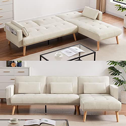 Living Room Furniture Set, L-Shaped Sectional Sofa Bed, Modern Yoglad Corner Couch Sleeper with Lounge Chaise, Recliner Sofa Set with Cushion (94 Inch for Left Corner with Side Pocket, Beige)