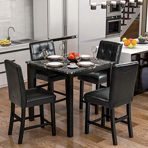 Harper & Bright Designs 5-Piece Kitchen Table Set Black Faux Marble Top Counter Height Dining Table Set with 4 Black Leather-Upholstered Chairs