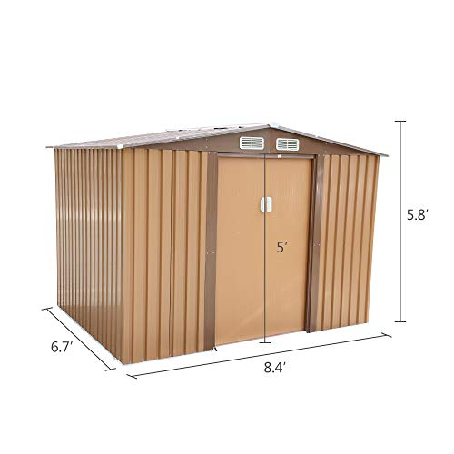 JAXPETY 8' x 6' Large Outdoor Metal Storage Shed Backyard Garden Steel Utility Tool Shed Lawn Building Garage Organizer w/ Sliding Door, Roof and 2 Vents, Coffee