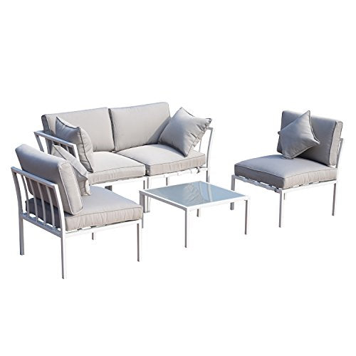 Outsunny 4 Piece Outdoor Furniture Patio Conversation Seating Set with a Loveseat, 2 Sofa Chairs, & Coffee Table, White