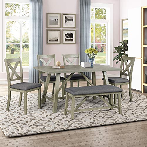 Harper & Bright Designs 6 Piece Rustic Style Dining Table Set Wood Kitchen Table Set with Table, Bench and 4 Chairs, Gray