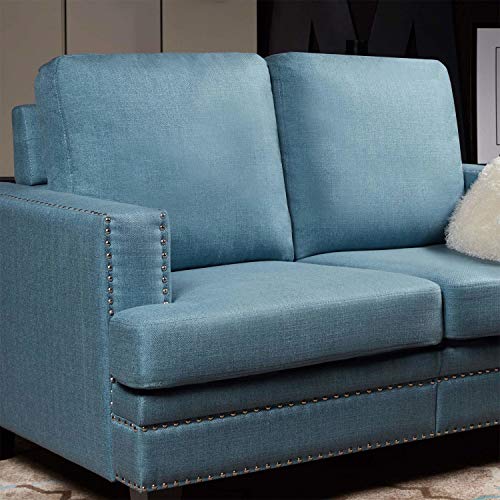 Top Space Loveseat Sofa Modern Upholstered Couch Rivet Style Mid Century Loveseats Casual Arm Chair Living Room Small Space Linen Fabric Furniture(1 PC-2, Blue)