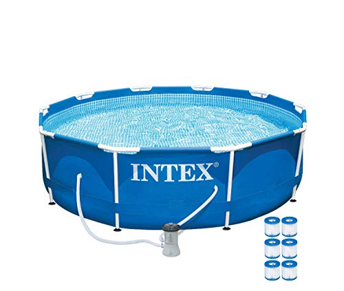 Intex 28201EH 10ft x 30in 4 Person Metal Frame Outdoor Above Ground Round Swimming Pool with Filter Pump and 6 Type H Replacement Filter Cartridges