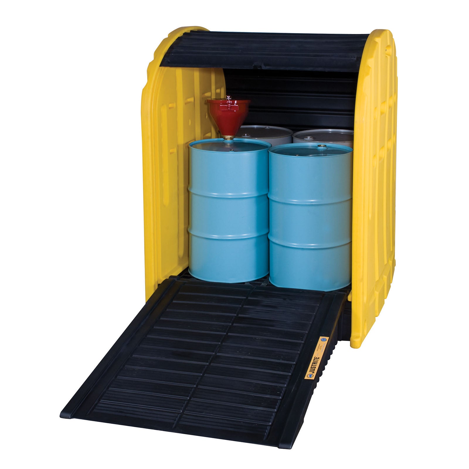 Justrite EcoPolyBlend™ DrumShed™ with Rolltop Doors, Accommodates 4 Drums, Polyethylene