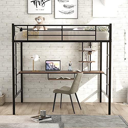 Metal Loft Bed, Full Size Loft Bed Frame with 2 Side Ladders, Guardrails, Desk, Keyboard Tray, Storage Shelves, No Box Spring Needed, Space-Saving Loft Bed for Kids Boys Girls Teens, Black