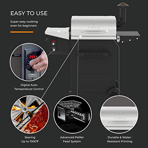 Z GRILLS ZPG-6002E 2021 New Model Wood Pellet Grill & Smoker, 8 in 1 BBQ Grill Auto Temperature Control, Stainless & Silver