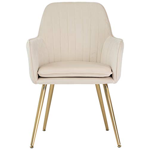 GOLDEN BEACH Velvet Dinning Chair Set of 2 Mid-Back Accent Chair Modern Leisure Armchair with Gold Plating Legs Upholstered Living Room Chair (Beige-2PCS)