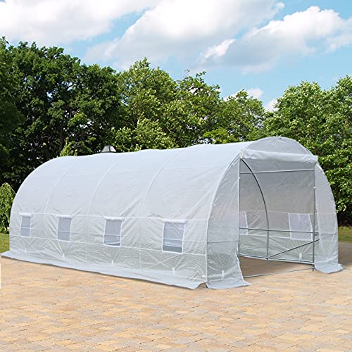 Outsunny 20’ x 10’ x 7’ Freestanding Tunnel Walk-in Garden Greenhouse Kit with 8 Roll-up Windows & Steel Frame, White