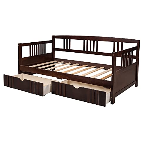 Twin Daybed Frame with Drawers, Wood Twin Bed with Storage Drawers, No Box Spring Needed