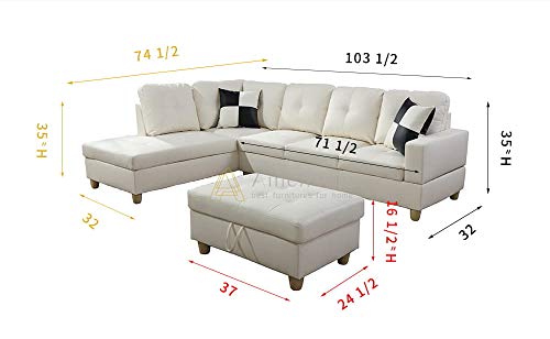 LifeStyle Furniture Left Facing 3PC Sectional Sofa Set Faux PU Leathe with Storage mats and 2 Pillows Smooth and Soft Couch Sets, Ivory White, Left Facing