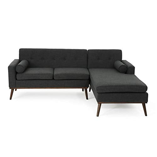 Christopher Knight Home Stormi Mid-Century Modern 2-Piece Fabric Sectional Sofa and Lounge Set, Muted Dark Grey / Walnut
