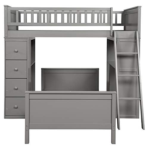 Twin Over Twin Loft Bed with Drawers and Shelves, Wood Bunk Bed with Ladder, Gray