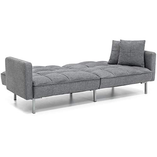 Dark Grey Convertible Futon Linen Tufted Versatile Split Back Design Couch 2 Plush Pillows Sofa Bed Mattress Recliner Lounger Sleeper Home Living Room Bedroom Modern Furniture 550LBS Weight Capacity
