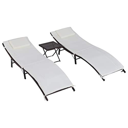 Outsunny 3 Piece Outdoor Folding Rattan Wicker Chaise Lounge Chair and Side Table Set