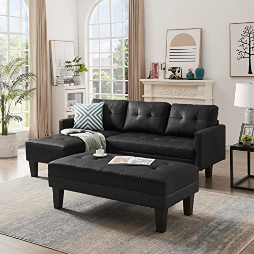 L Shape Sectional Sofa Couch with Ottoman Bench, Olela Sectional 3 Seat Sofa Set,Reversible Chaise Lounge Tufted Faux Leather Black