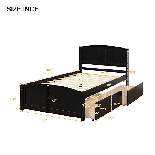Twin Bed Frame, Wood Platform Bed with Two Drawers,Headboard, Footboard and Wood Slat Support (Espresso with Drawers)