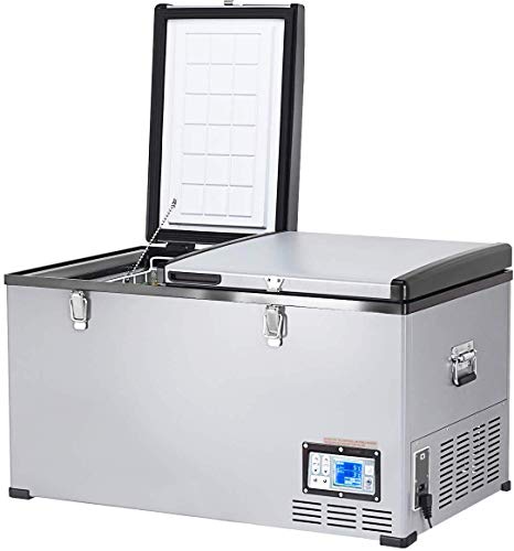 ReunionG 84-Quart Mini Refrigerator with LCD Display and LED Lights, Electric Vehicle Freezer with Temperature Adjustment and Handles, Portable Travel Cooler Fridge for RV, Home and Office, Gray