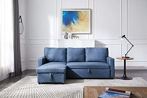 STARTO Fabric Sleeper Sectional Sofa Bed with Pull-Out Sofabed with Reversible Storage Chaise Lounge, Modern L-Shaped 3 Seating Corner Couch for Living Room Bedroom, Blue