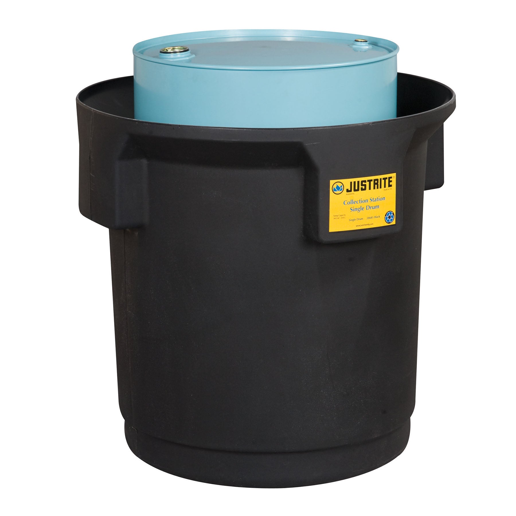 Justrite EcoPolyBlend™ Single Drum Collection Center for 55-Gal. Drum, Optional Dolly, Recycled Content