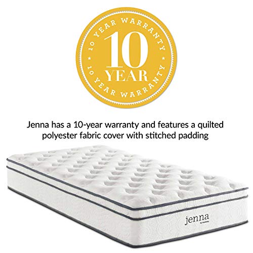 Modway Jenna 10” Twin Innerspring Mattress Quality Quilted Pillow Top-Individually Encased Pocket Coils-10-Year Warranty, Twin, White