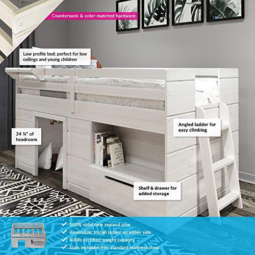 Max & Lily Modern Farmhouse Loft Bed with 1 Drawer, Twin, White Wash