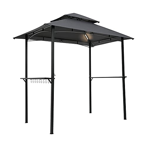 LASBAK Grill Gazebo 8 x 5 Double Tiered Canopy for Patio Outdoor BBQ Gazebo with Shelves Barbeque Grill Canopy with Extra 2 LED Lights，Gray