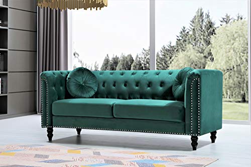 US Pride Furniture Modern Style High Density Foam 75.98'' Wide Emerald Green Velvet Rolled Arm Chesterfield Living Room Removable Cushion & Solid Wood Legs (S5608-5613) Sofas