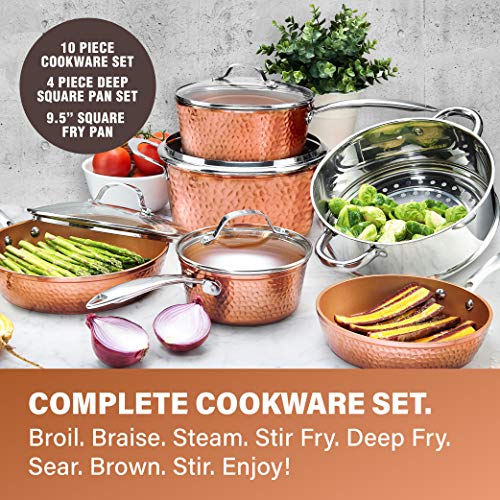 Gotham Steel Hammered Copper Collection – 20 Piece Premium Cookware & Bakeware Set with Nonstick Copper Coating, Includes Skillets, Stock Pots, Deep Square Fry Basket, Cookie Sheet and Baking Pans