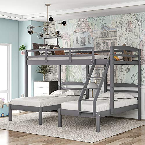 Harper & Bright Designs Full Over Twin & Twin Bunk Bed for 3 Triple Bunk Beds Wooden Bunk Beds for Kids Teens Adults (Gray)