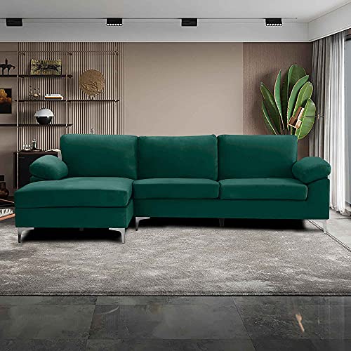 ATY L Shape Velvet Sectional Sofa, Futon Corner Couch Chaise with Metal Legs and Removable Cushions Perfect for Living Room, Left Hand Facing, Green