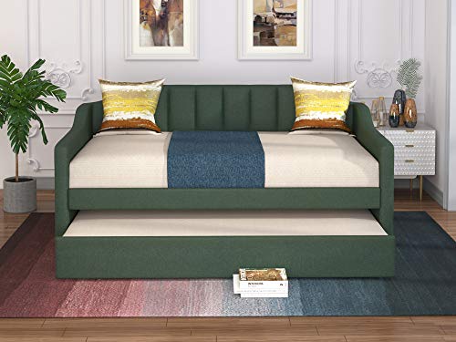 Harper & Bright Designs Upholstered Twin Bed with Trundle, Trundle Daybed Twin Size, No Box Spring Needed (Green (with Trundle))