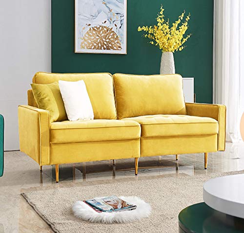 Rhomtree Mid Century Sofa Velvet Fabric Upholster Couch 71” Modern Futon Bench Loveseat Living Room Sofa with 2 Throw Pillows (Yellow)