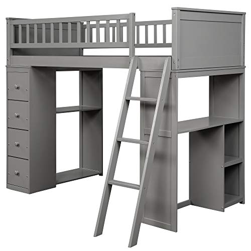 Twin Over Twin Loft Bed with Drawers and Shelves, Wood Bunk Bed with Ladder, Gray