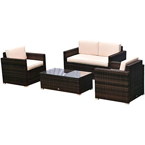 Outsunny 4-Piece Cushioned Patio Furniture Set, with 2 Chairs, Sectional, and Glass Coffee Table, Rattan Wicker, Brown