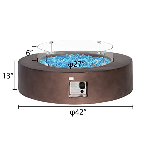 COSIEST Outdoor Propane Fire Pit Coffee Table w Dark Bronze 42-inch Round Base Patio Heater, 50,000 BTU Stainless Steel Burner, Wind Guard, Aqua Blue Fire Glass, Waterproof Cover