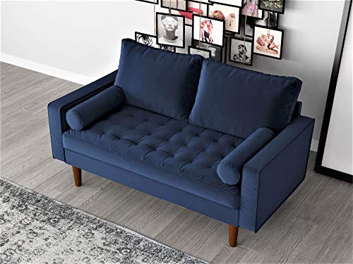 US Pride Furniture NS5455-2PC Caladeron Mid-Century Modern 2-Pic Living Room Set in Soft Velvet, Space Blue