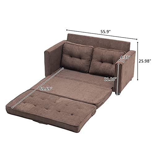 D&Y Convertible Sectional Futon Sofa Couch Pull Out Bed Loveseat Sofa Bed Modern Linen Fabric Reversible Chaise Sleeper for Living Room Limited Spaces,Brown, 55.9 x 21.26 x 23.23 inch(48083361)