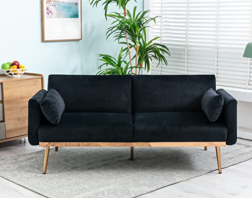 Velvet Futon Sofa Bed with 2 Small Pillows, Modern Sleeper Sofa Couch with Rose Gloden Metal Trim, Convertible Loveseat for Living Room, Office (Black)