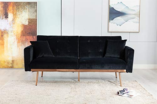 Convertible Futon Sofa Bed GoTen GSB01 (2020) Modern Velvet Sectional Sleeper Sofa Bed Loveseat Couch with 2 Pillows Rose Gold Metal feet Detachable Armrests for Small Spaces Living Room (Black)