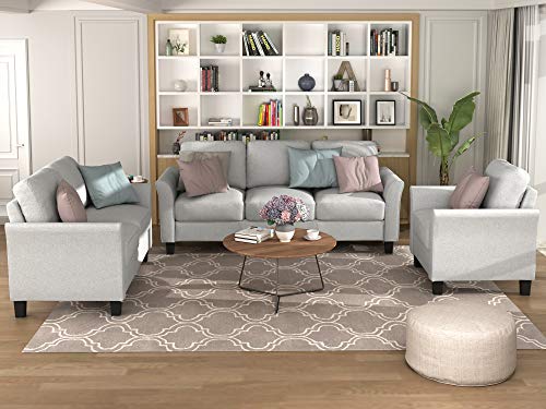 Harper & Bright Designs 3 Piece sectional Sofa, Linen Fabric Living Room Sofa Sets, Living Room Furniture Sets Include Armchair Loveseat Couch,Light Grey