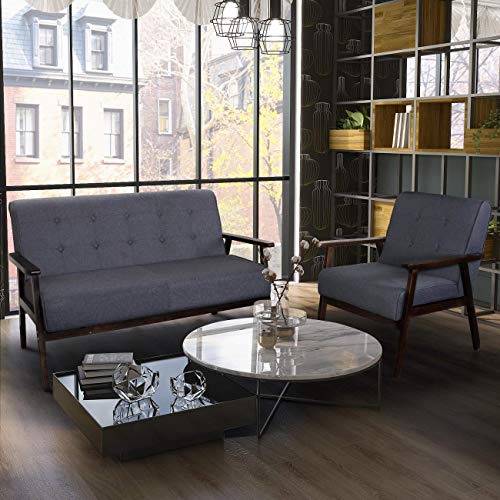 Sofa Set Living Room Couch Set Office Home Furniture Mid-Century Modern Fabric Wooden 2-Seater Loveseat Sturdy Wood Frame Lounge Chairs (2, Grey)