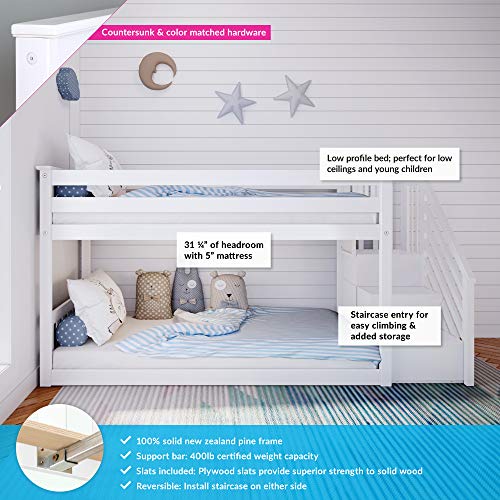 Max & Lily Twin Low Bunk Bed with Staircase, Twin/Twin, White