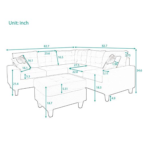 Harper & Bright Designs Sectional Sofa Set with Ottoman, L Shape Sofa Couch for Living Room Home Furniture Set (Grey)
