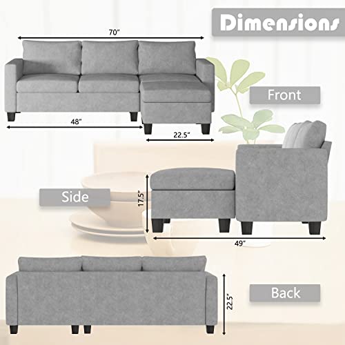YESHOMY Convertible Sectional Sofa, L-Shaped Couch with Soft Seat and Modern Cotton Fabric for Small Space, Living Room Settee with Comfortable Backrest, Gray