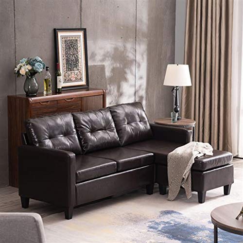 Convertible Sectional Small Sofa with Reversible Chaise for Teens, L-Shape 3-Seater Sofa Couch with PU Combination Sofa, Living Room Indoor Sleeper for Small Space