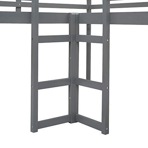 L-Shaped Loft Bed with Slide, Two Kids loft Bed Built-in Ladders, Wood Twin Loft Bed for Living Room Bedroom(Grey,Twin loft Bed)