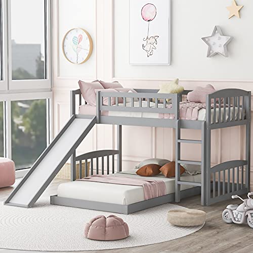 Bunk Bed with Slide for Kids, Wooden Low Bunk Bed Twin Over Twin , Twin Bunk Beds Low Frame with Ladder, No Box Spring Needed,Grey